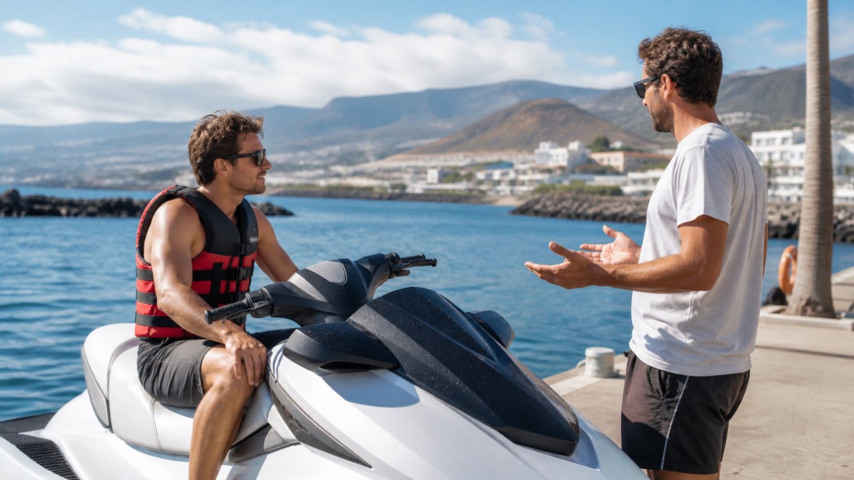 Motos de agua preparadas en un puerto de Tenerife